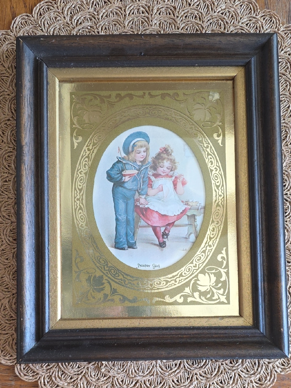 Vintage Victorian "Sailor Girl" Wood Frame Print 8"x10"